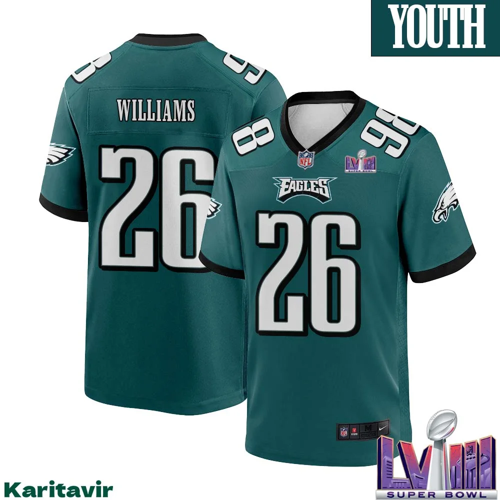 Greedy Williams No 26 Youth Midnight Green Philadelphia Eagles Super Bowl LVIII Home Game Player Jersey 1