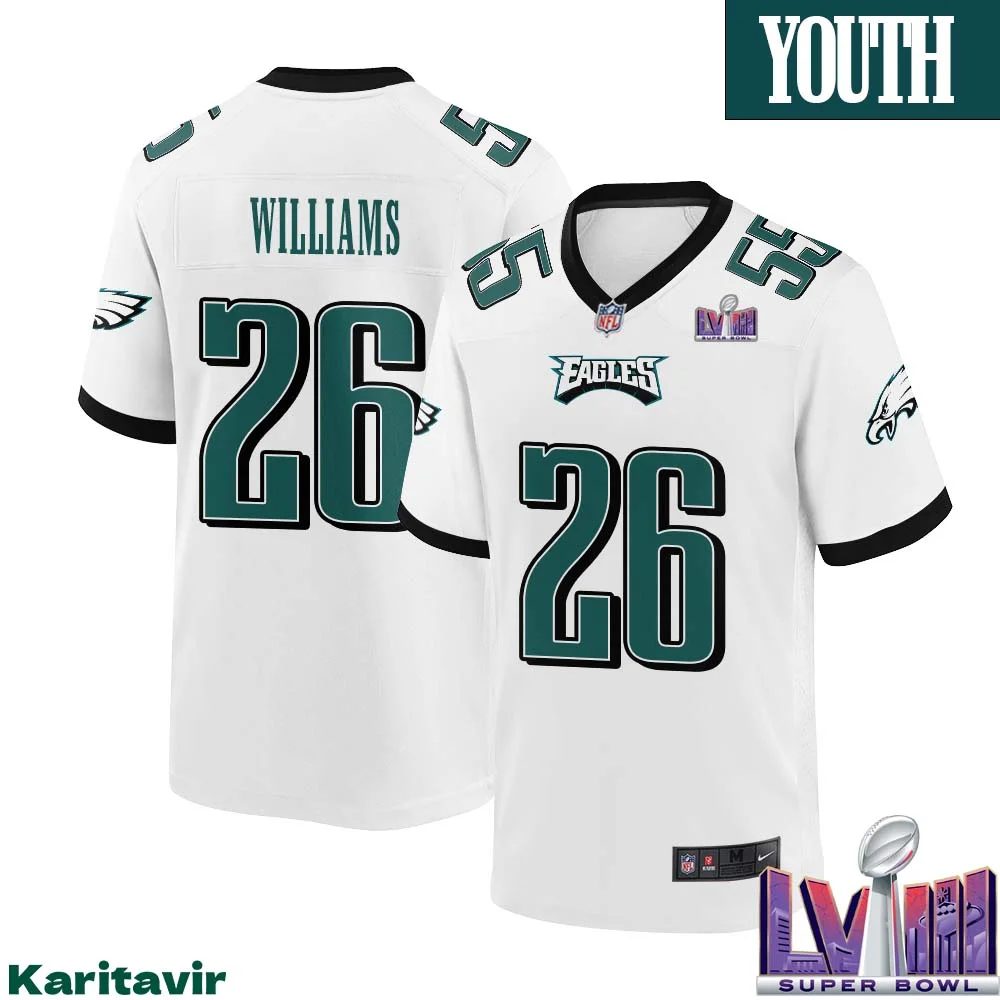 Greedy Williams No 26 Youth White Philadelphia Eagles Super Bowl LVIII Away Game Player Jersey