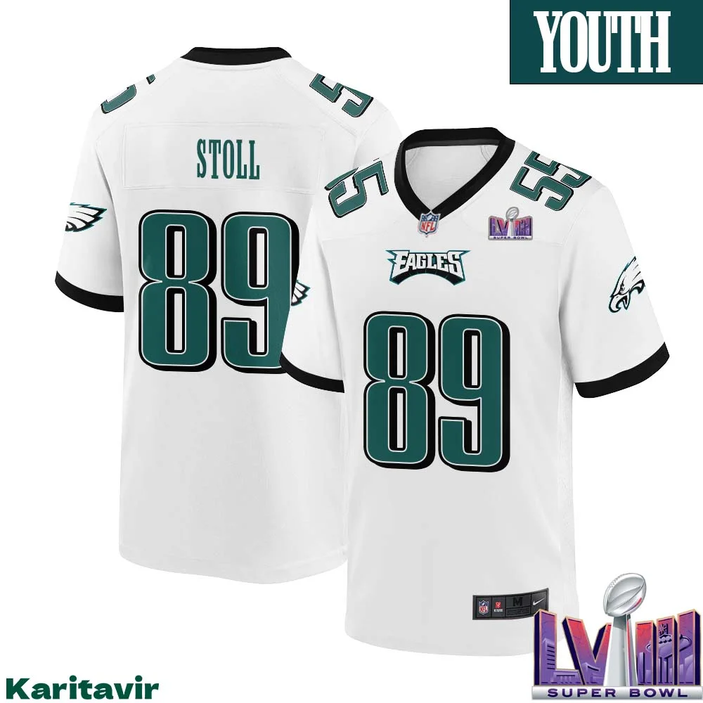 Jack Stoll No 89 Youth White Philadelphia Eagles Super Bowl LVIII Away Game Player Jersey