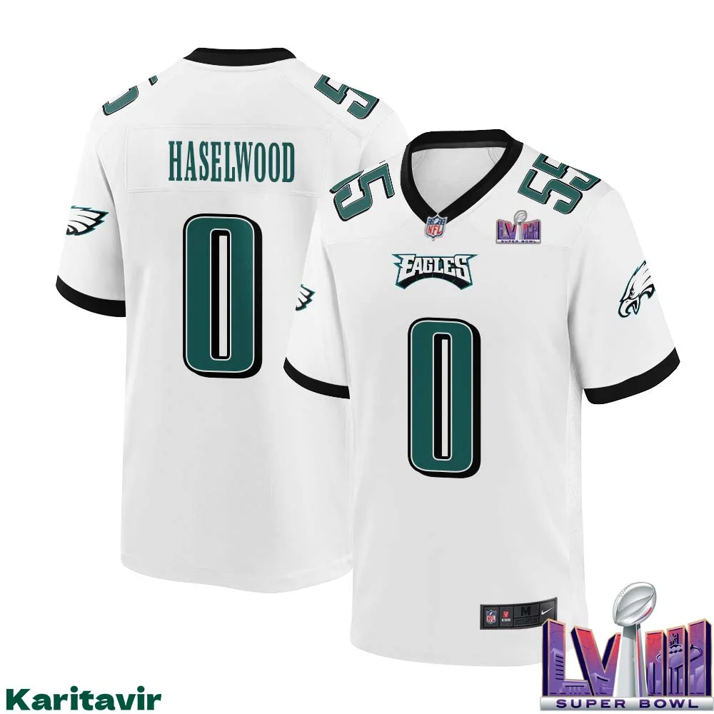 Jadon Haselwood No 0 Men White Philadelphia Eagles Super Bowl LVIII Away Game Player Jersey