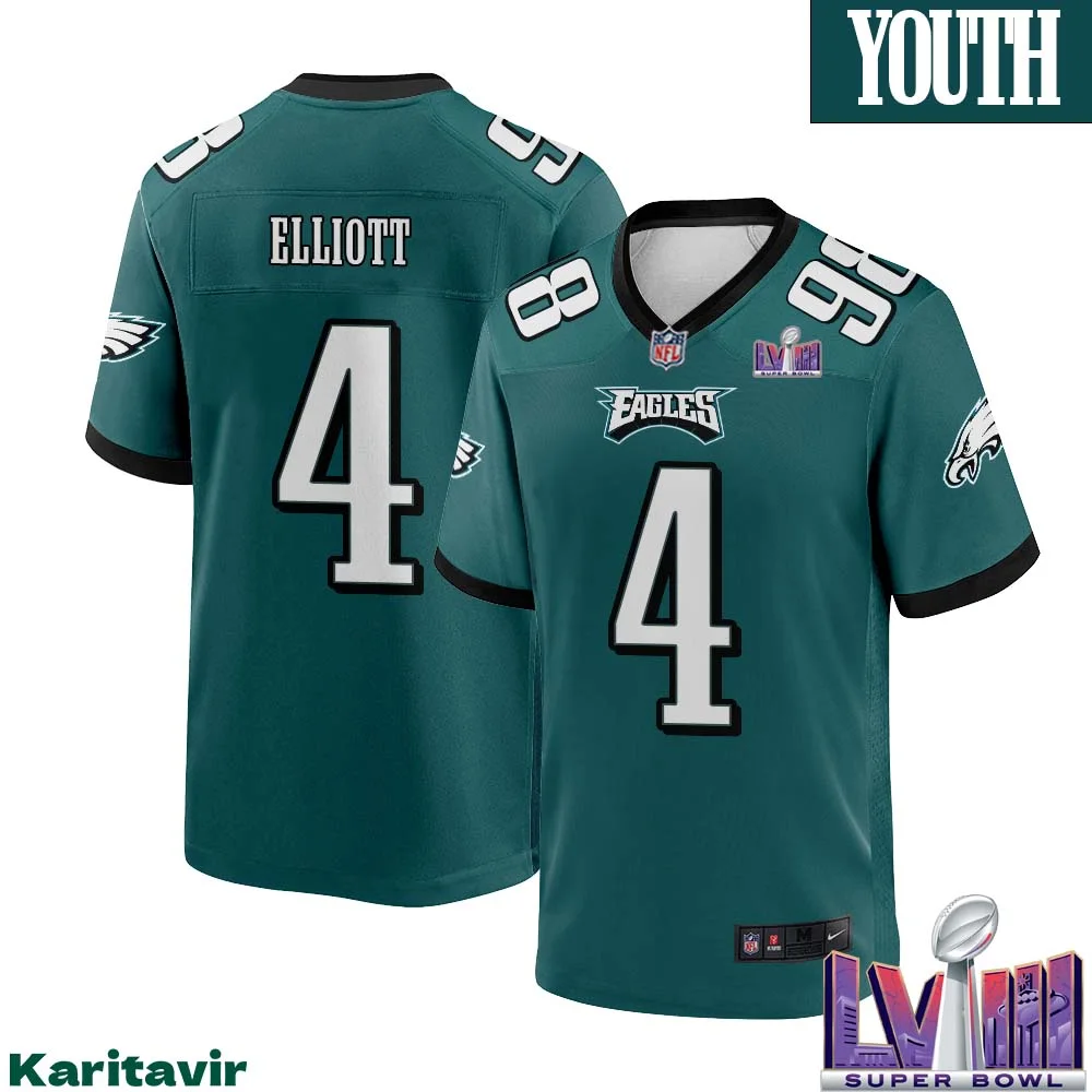 Jake Elliott No 4 Youth Midnight Green Philadelphia Eagles Super Bowl LVIII Home Game Player Jersey