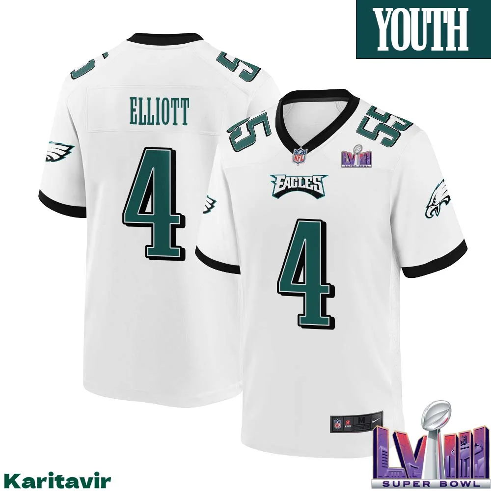 Jake Elliott No 4 Youth White Philadelphia Eagles Super Bowl LVIII Away Game Player Jersey 1