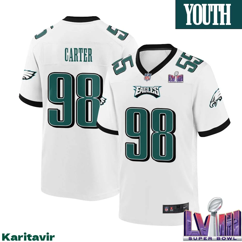 Jalen Carter No 98 Youth White Philadelphia Eagles Super Bowl LVIII Away Game Player Jersey 1
