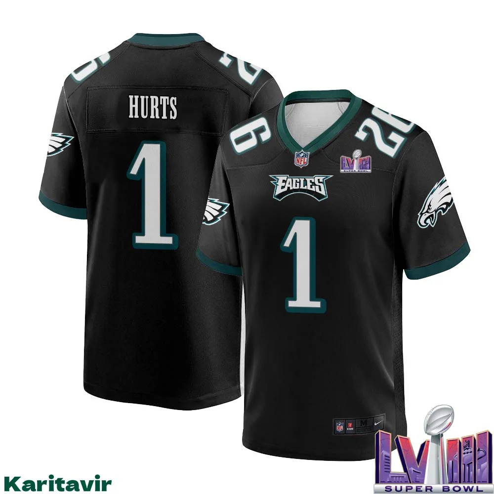 Jalen Hurts No 1 Men Black Philadelphia Eagles Super Bowl LVIII Alternate Game Player Jersey 1