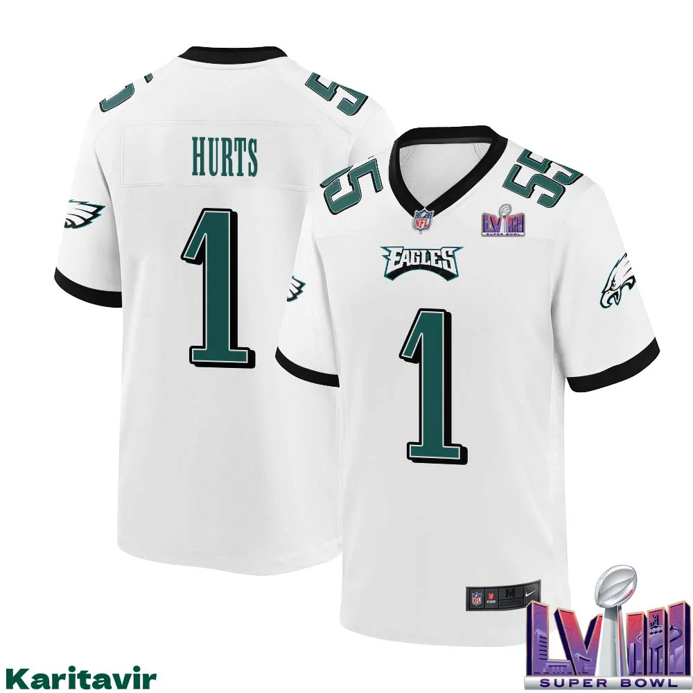 Jalen Hurts No 1 Men White Philadelphia Eagles Super Bowl LVIII Away Game Player Jersey 1