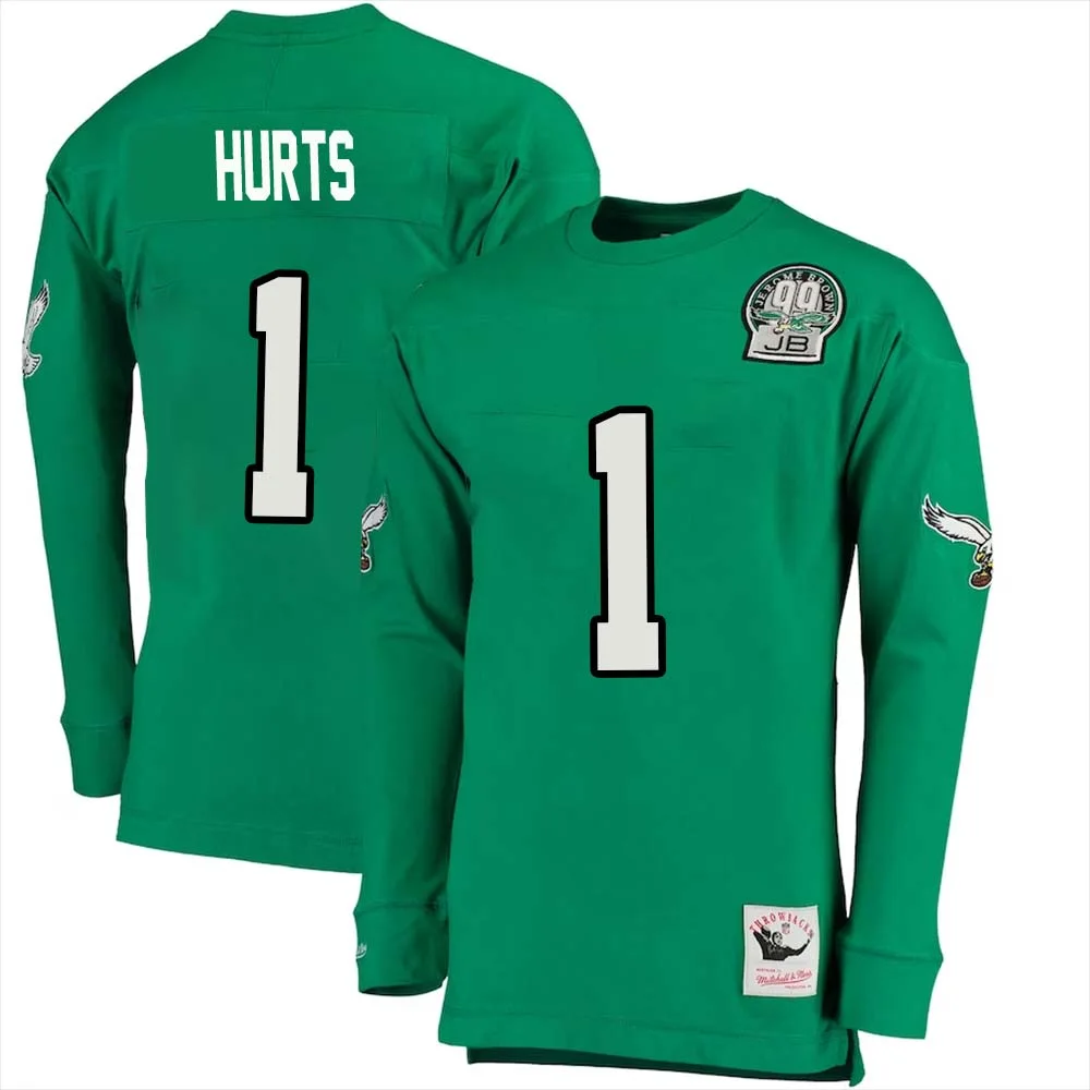 Jalen Hurts No 1 Mitchell Ness Kelly Long Sleeve Top Green Philadelphia Eagles Throwback Retired Player