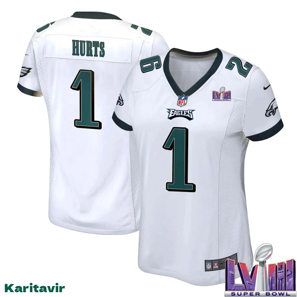 Jalen Hurts No 1 Women White Eagles Super Bowl LVIII Away Game Player Jersey