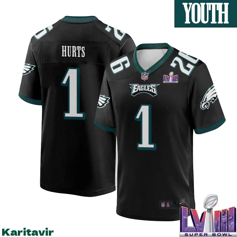 Jalen Hurts No 1 Youth Black Philadelphia Eagles Super Bowl LVIII Alternate Game Player Jersey