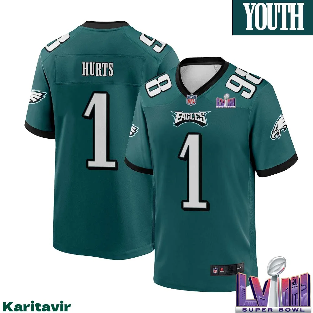 Jalen Hurts No 1 Youth Midnight Green Philadelphia Eagles Super Bowl LVIII Home Game Player Jersey