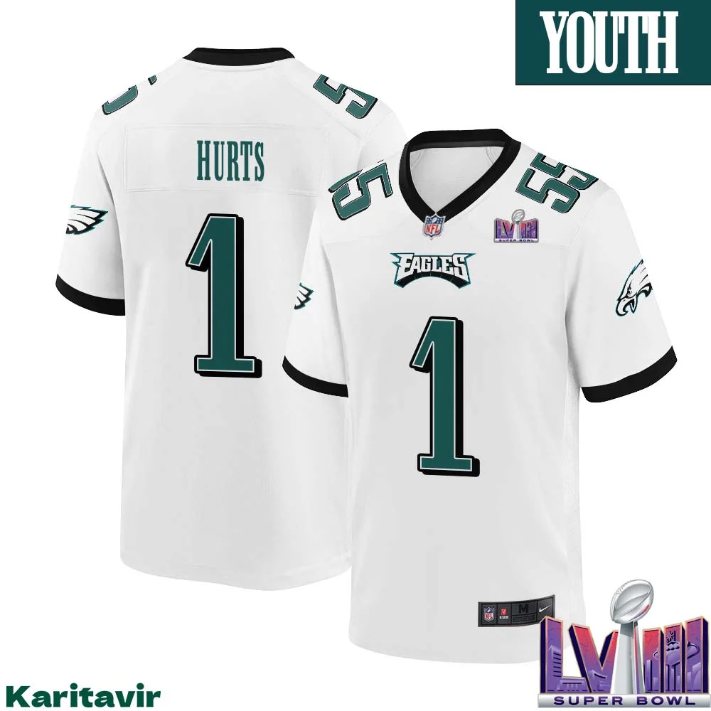 Jalen Hurts No 1 Youth White Philadelphia Eagles Super Bowl LVIII Away Game Player Jersey 1