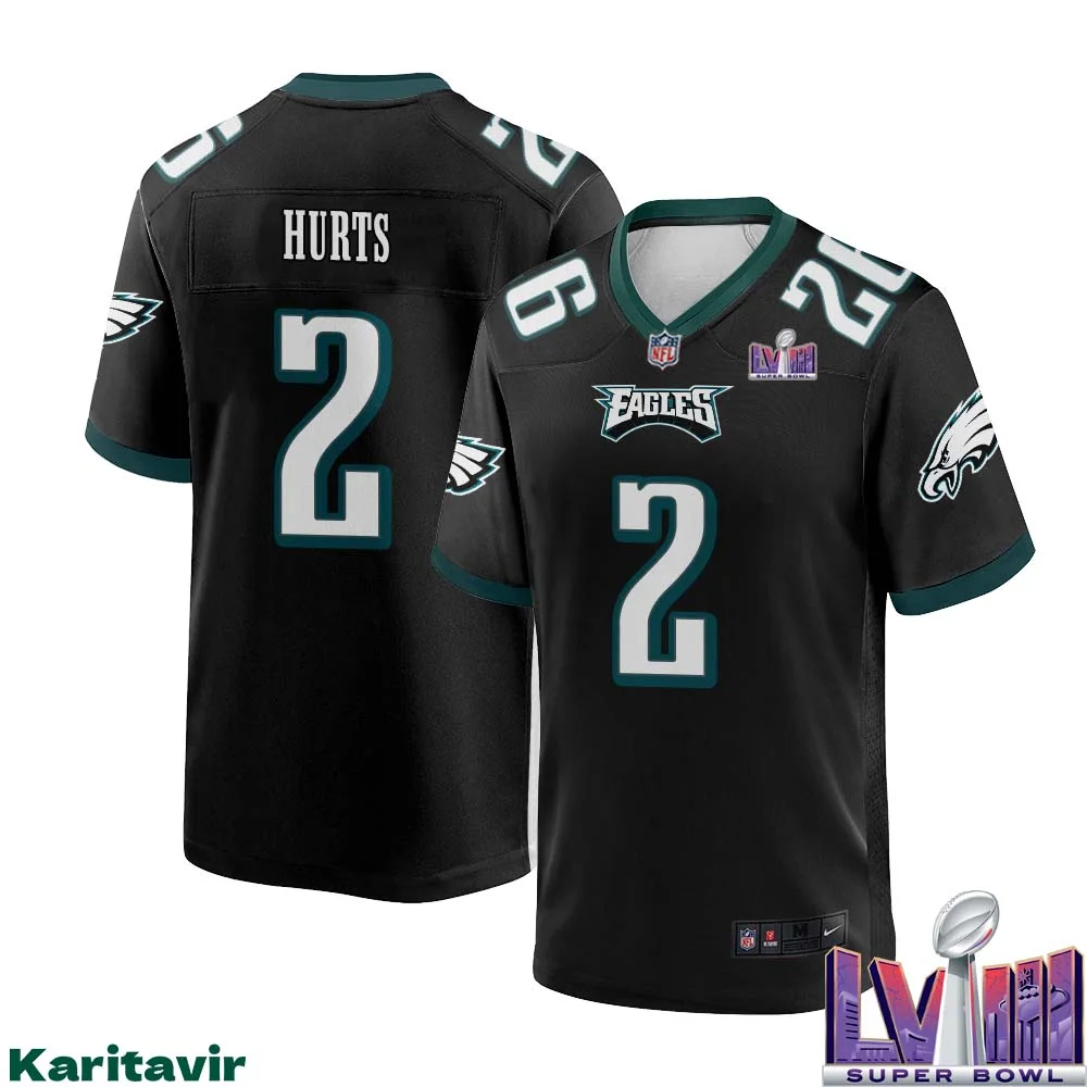 Jalen Hurts No 2 Men Black Philadelphia Eagles Super Bowl LVIII Alternate Game Player Jersey 1