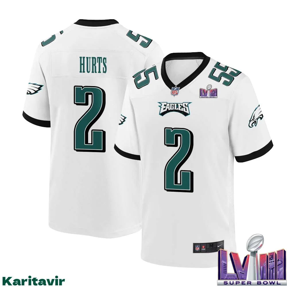 Jalen Hurts No 2 Men White Philadelphia Eagles Super Bowl LVIII Away Game Player Jersey 1