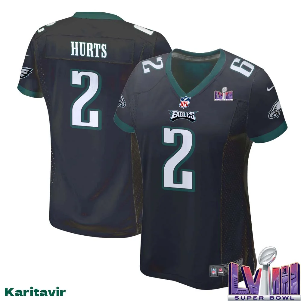 Jalen Hurts No 2 Women Black Philadelphia Eagles Super Bowl LVIII Alternate Game Player Jersey 1