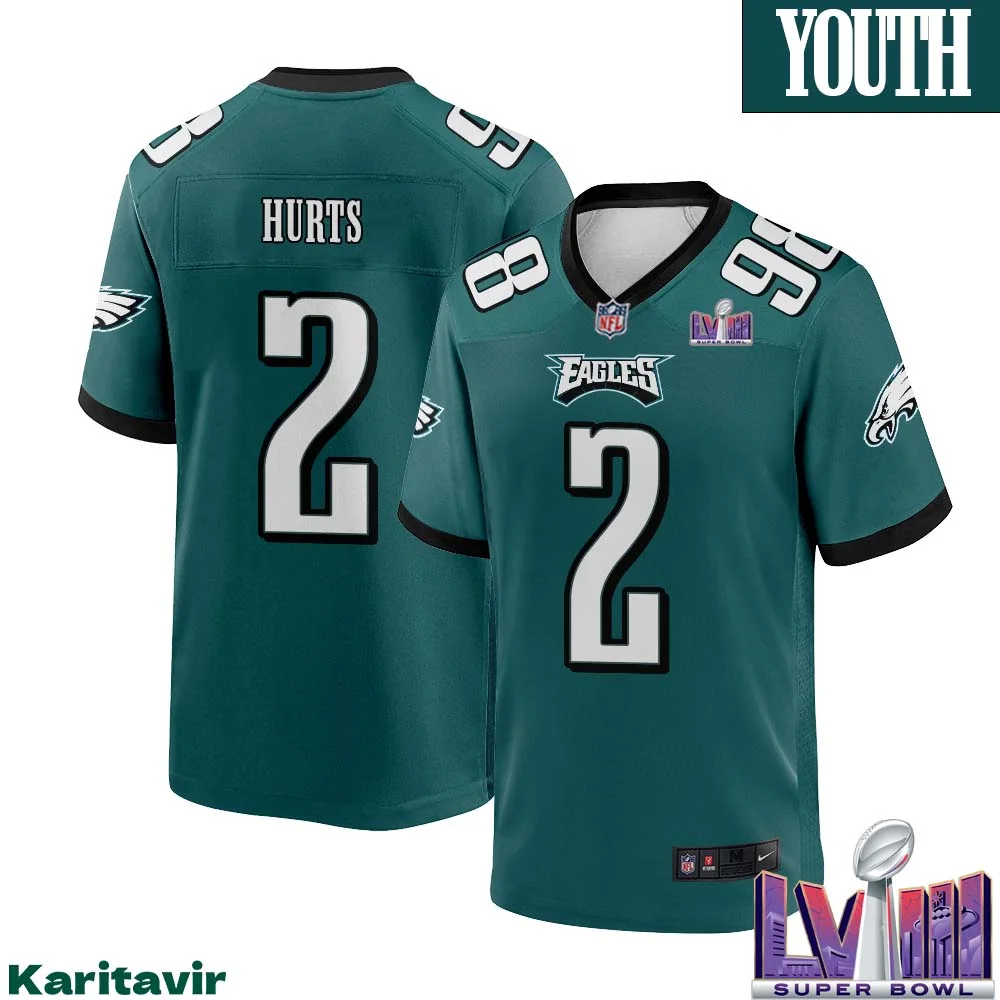Jalen Hurts No 2 Youth Midnight Green Philadelphia Eagles Super Bowl LVIII Home Game Player Jersey 1