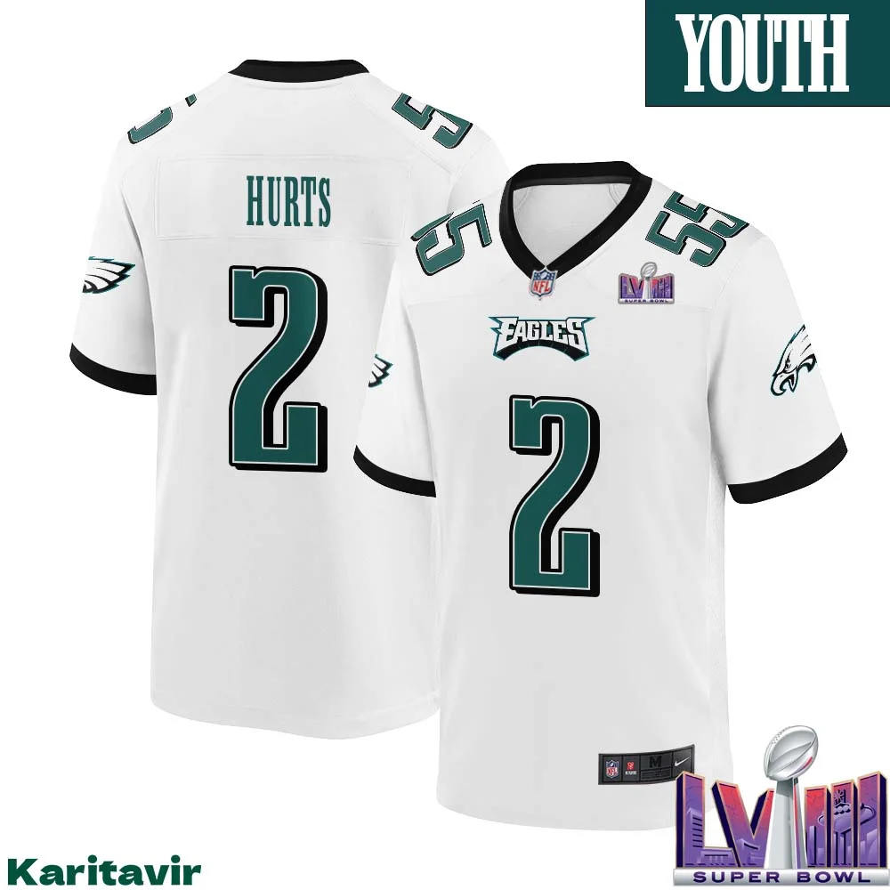 Jalen Hurts No 2 Youth White Philadelphia Eagles Super Bowl LVIII Away Game Player Jersey