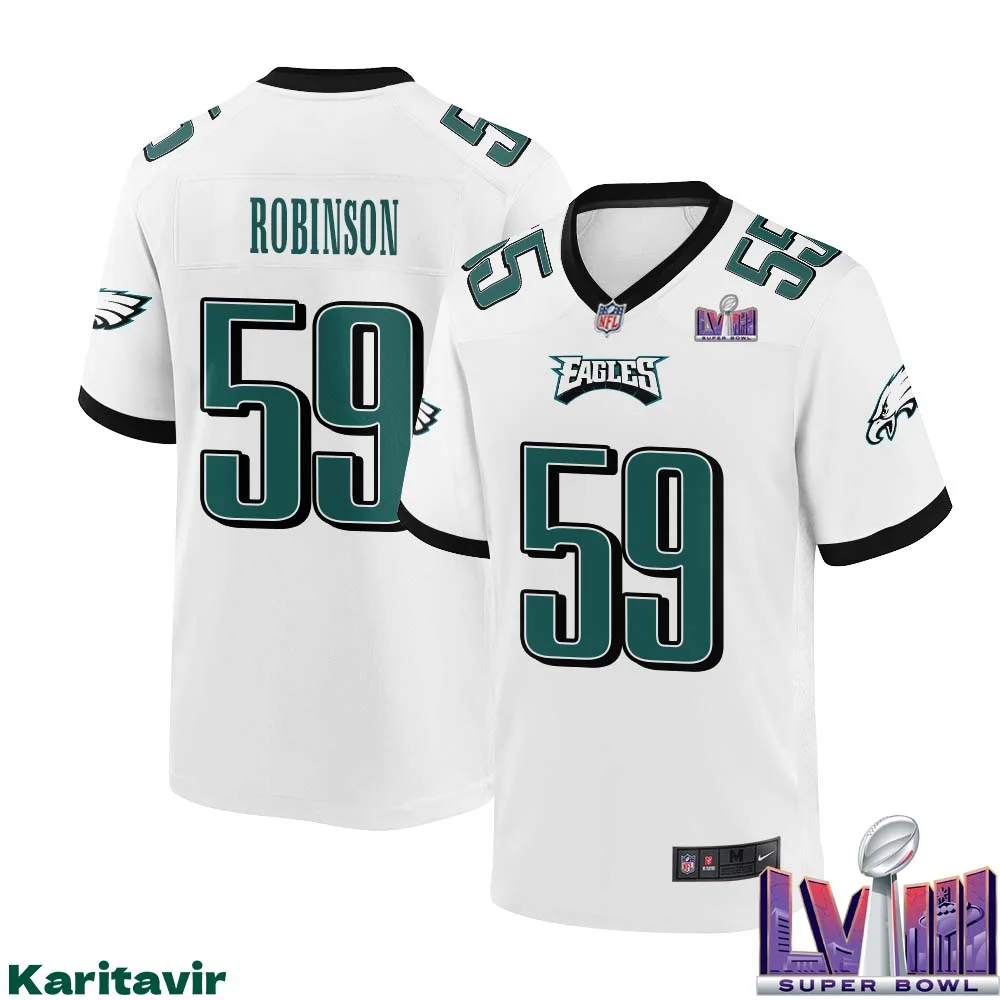 Janarius Robinson No 59 Men White Philadelphia Eagles Super Bowl LVIII Away Game Player Jersey 1