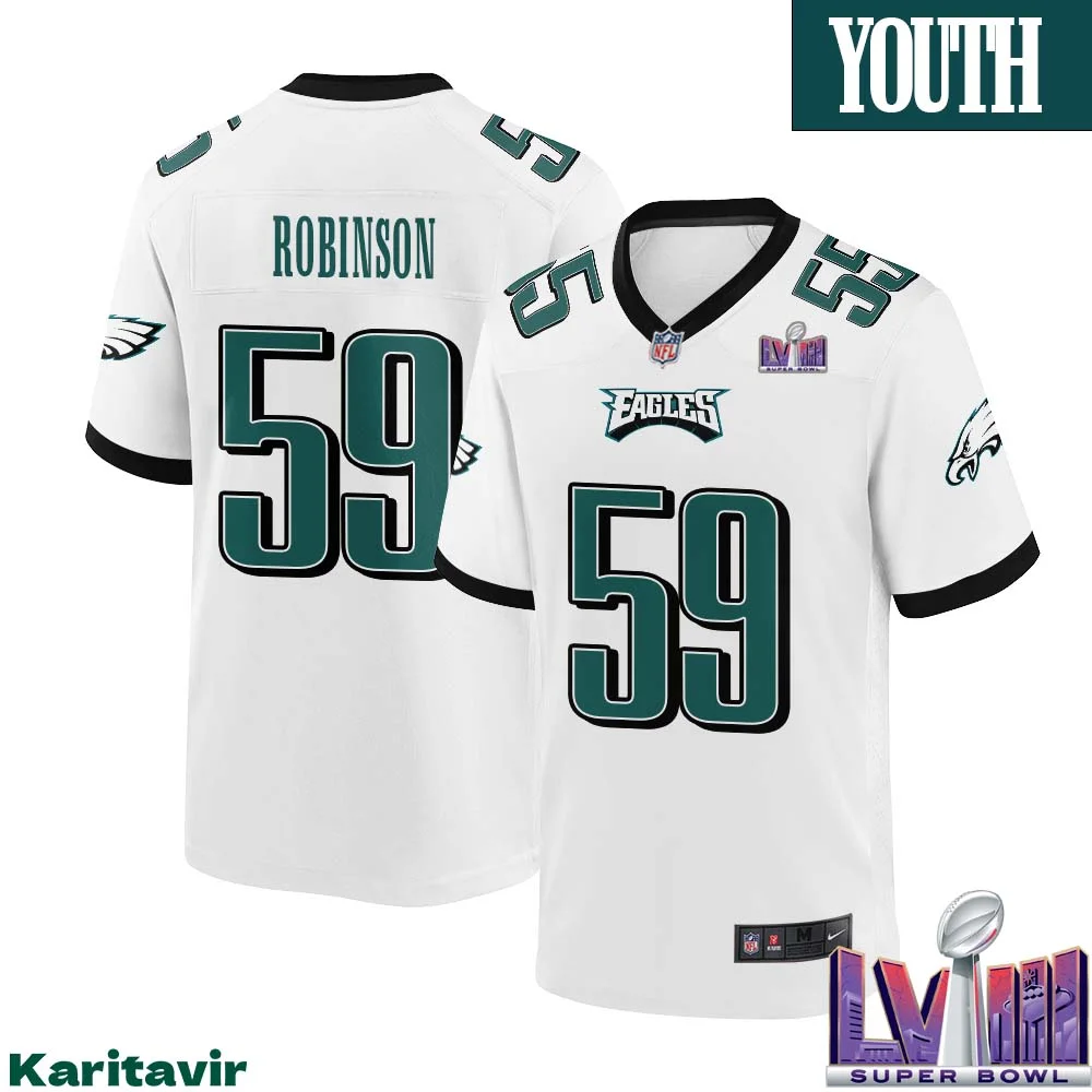 Janarius Robinson No 59 Youth White Philadelphia Eagles Super Bowl LVIII Away Game Player Jersey