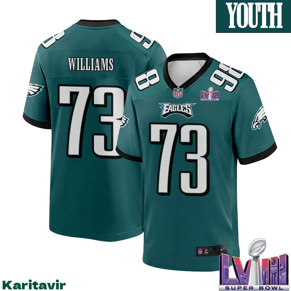 Jarrid Williams No 73 Youth Midnight Green Philadelphia Eagles Super Bowl LVIII Home Game Player Jersey 1