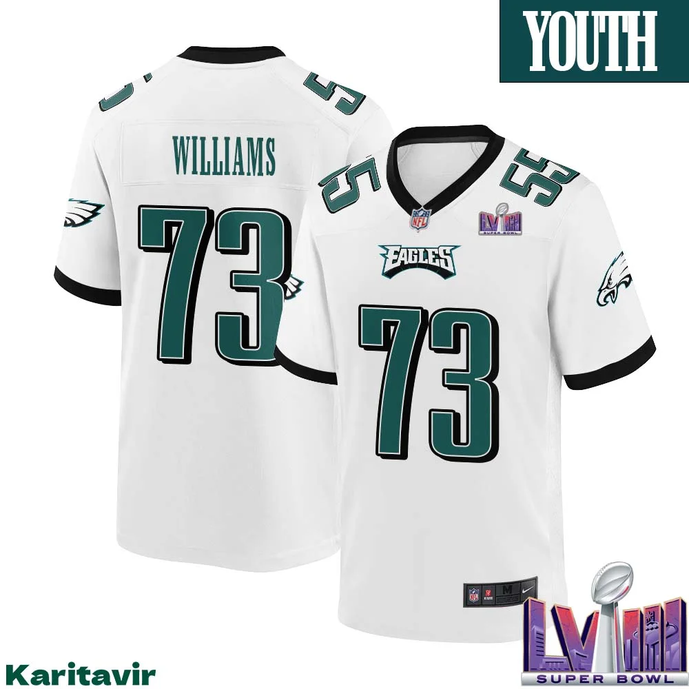 Jarrid Williams No 73 Youth White Philadelphia Eagles Super Bowl LVIII Away Game Player Jersey 1