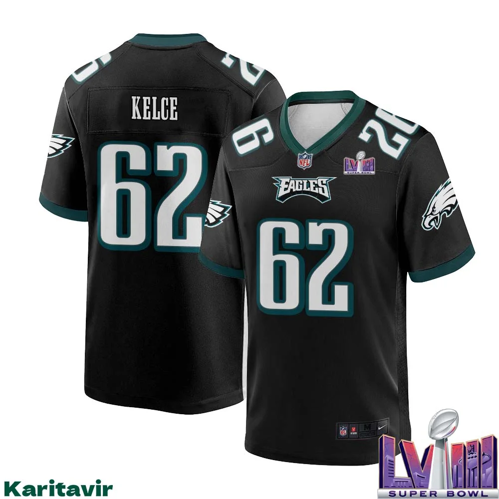 Jason Kelce No 62 Men Black Philadelphia Eagles Super Bowl LVIII Alternate Game Player Jersey 1