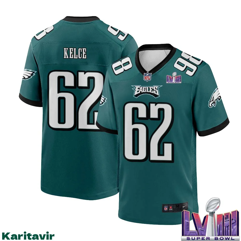 Jason Kelce No 62 Men Midnight Green Philadelphia Eagles Super Bowl LVIII Home Game Player Jersey