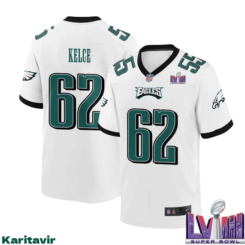 Jason Kelce No 62 Men White Philadelphia Eagles Super Bowl LVIII Away Game Player Jersey