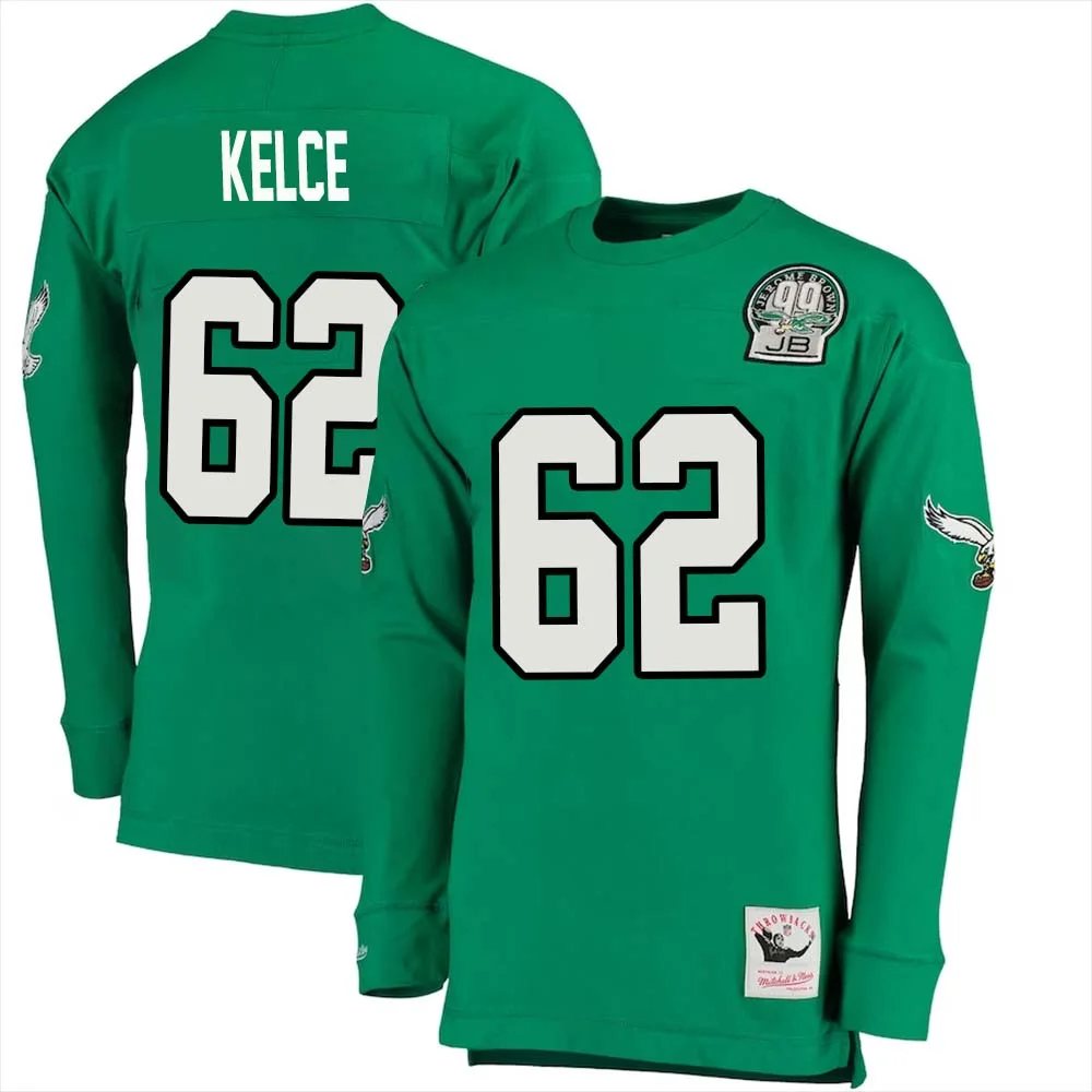 Jason Kelce No 62 Mitchell Ness Kelly Long Sleeve Top Green Philadelphia Eagles Throwback Retired Player