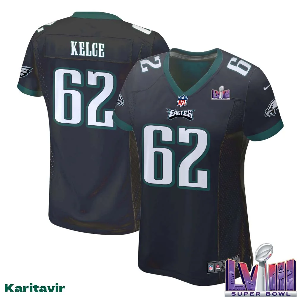 Jason Kelce No 62 Women Black Philadelphia Eagles Super Bowl LVIII Alternate Game Player Jersey