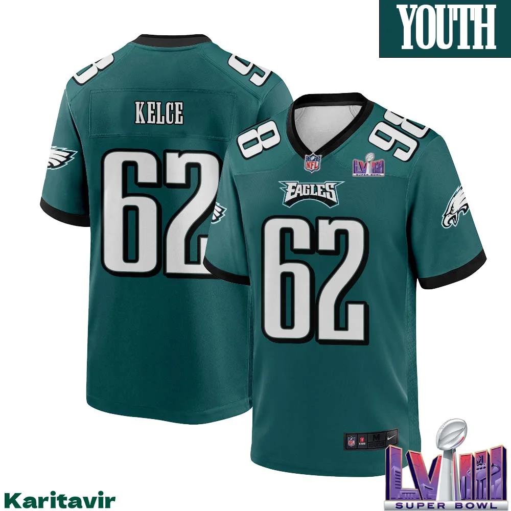 Jason Kelce No 62 Youth Midnight Green Philadelphia Eagles Super Bowl LVIII Home Game Player Jersey 1