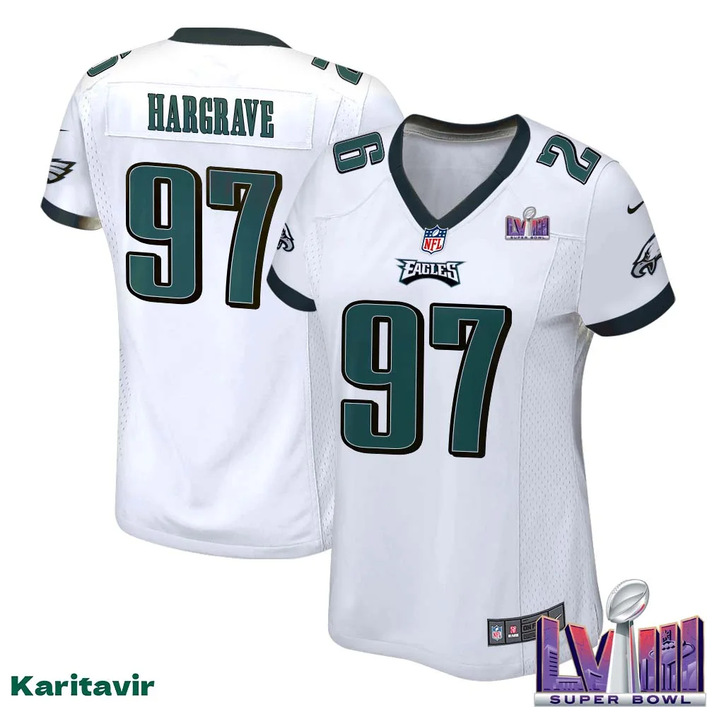Javon Hargrave No 97 Women White Eagles Super Bowl LVIII Away Game Player Jersey 1