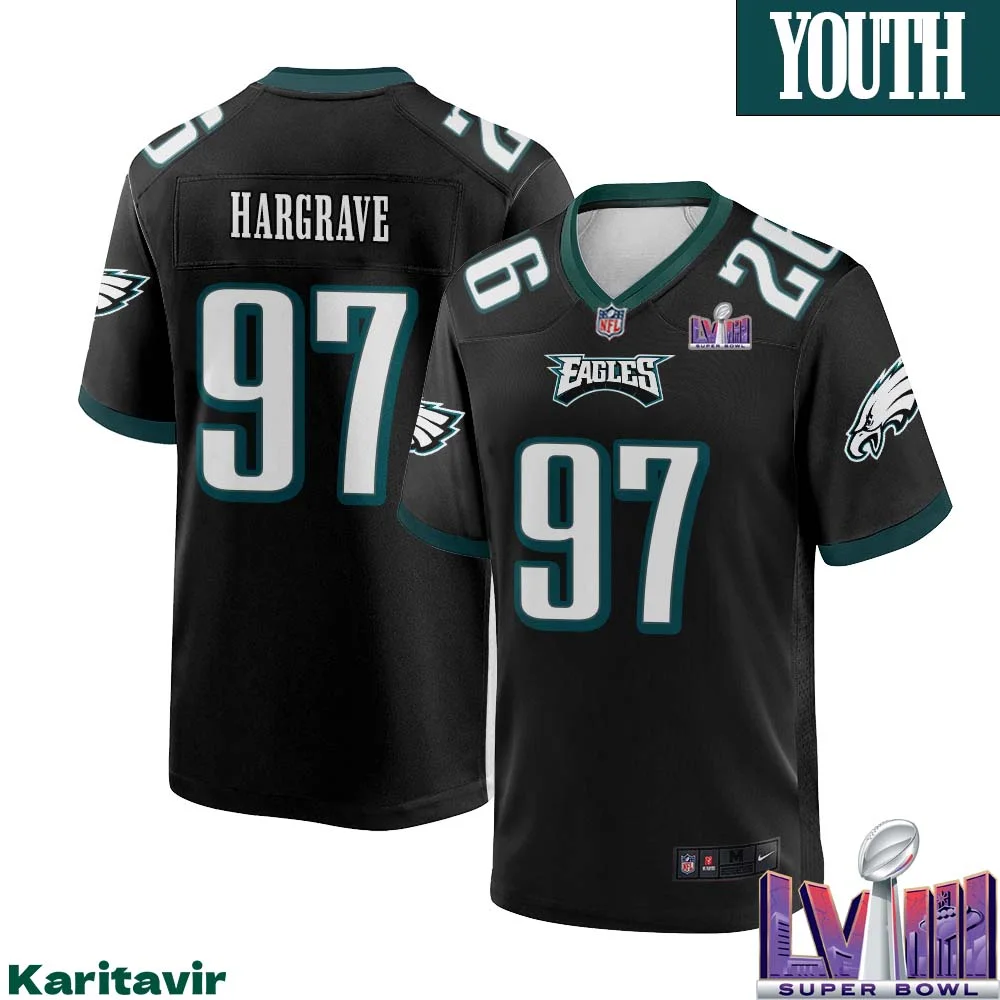 Javon Hargrave No 97 Youth Black Philadelphia Eagles Super Bowl LVIII Alternate Game Player Jersey 1