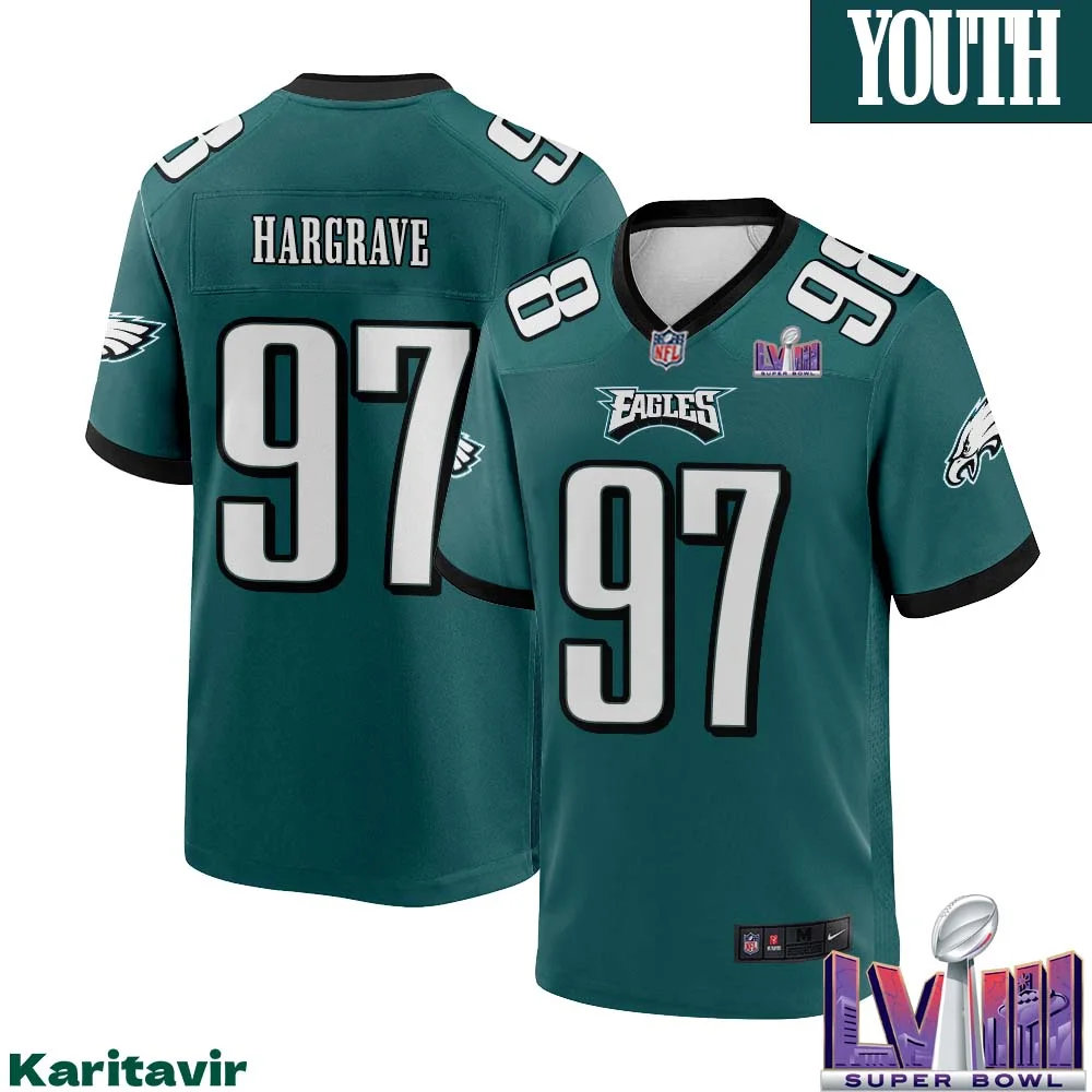 Javon Hargrave No 97 Youth Midnight Green Philadelphia Eagles Super Bowl LVIII Home Game Player Jersey 1