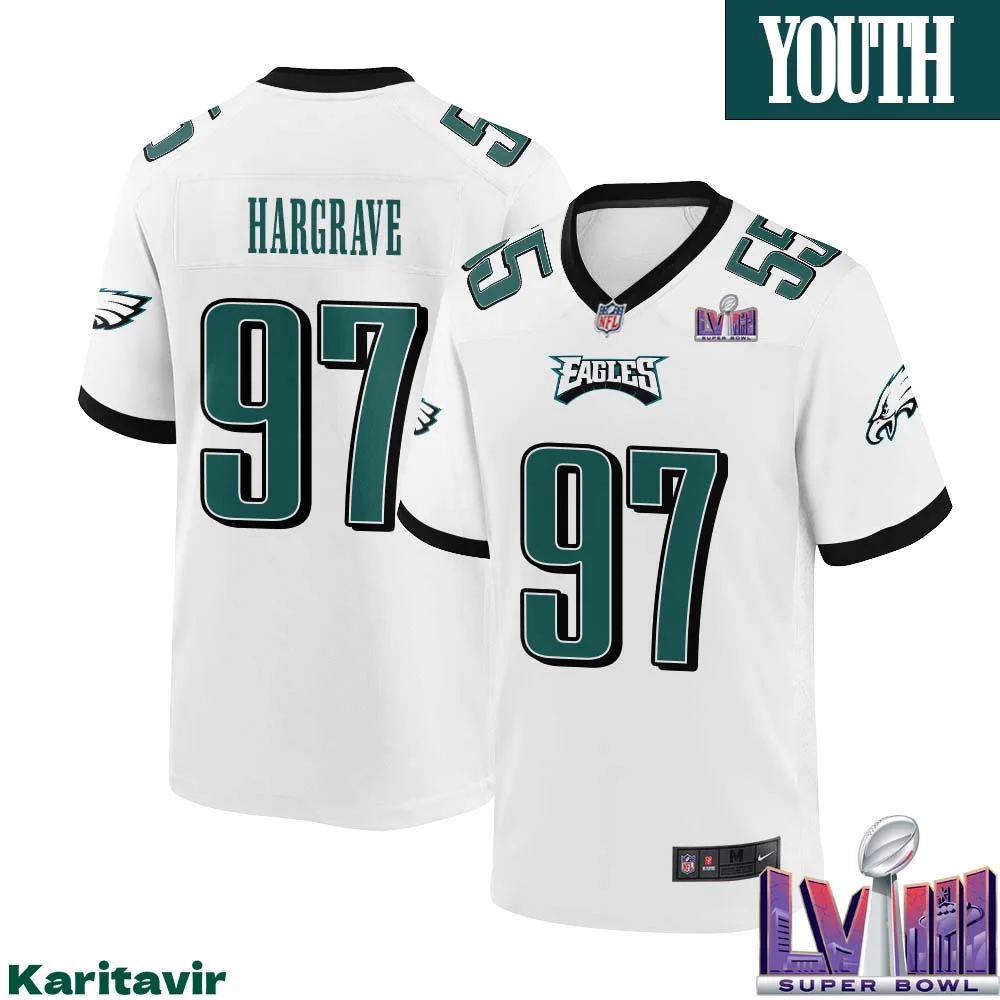 Javon Hargrave No 97 Youth White Philadelphia Eagles Super Bowl LVIII Away Game Player Jersey