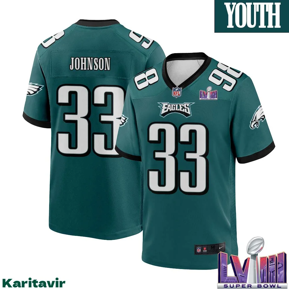 Jaylon Johnson No 33 Youth Midnight Green Philadelphia Eagles Super Bowl LVIII Home Game Player Jersey 1