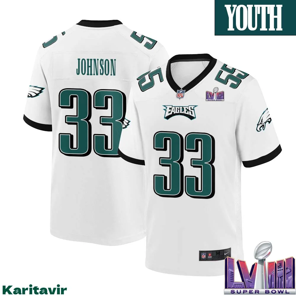 Jaylon Johnson No 33 Youth White Philadelphia Eagles Super Bowl LVIII Away Game Player Jersey 1