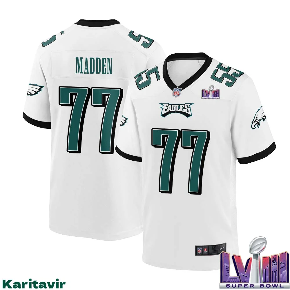 John Madden Eagles No 77 Men White Philadelphia Eagles Super Bowl LVIII Away Game Player Jersey 1