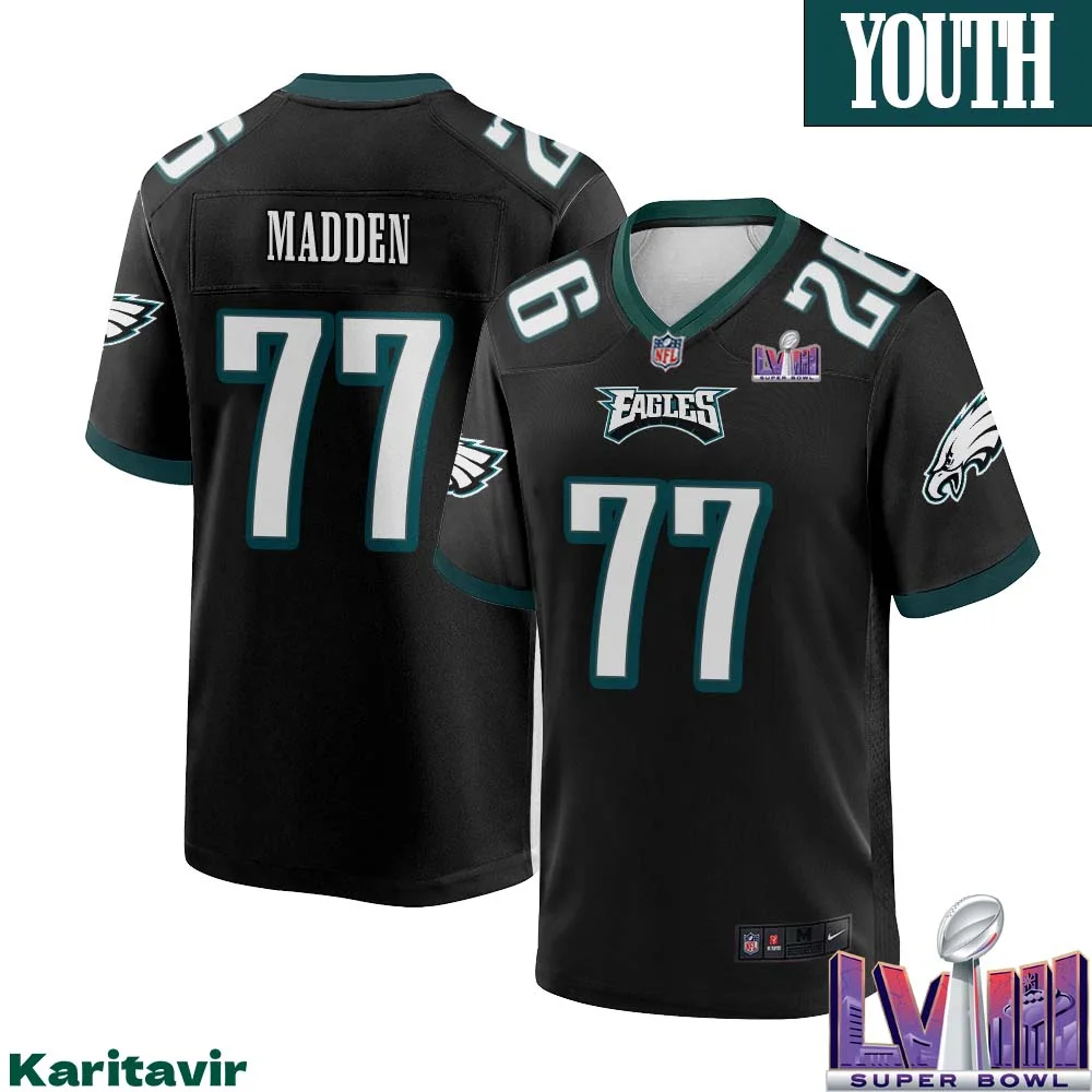 John Madden Eagles No 77 Youth Black Philadelphia Eagles Super Bowl LVIII Alternate Game Player Jersey
