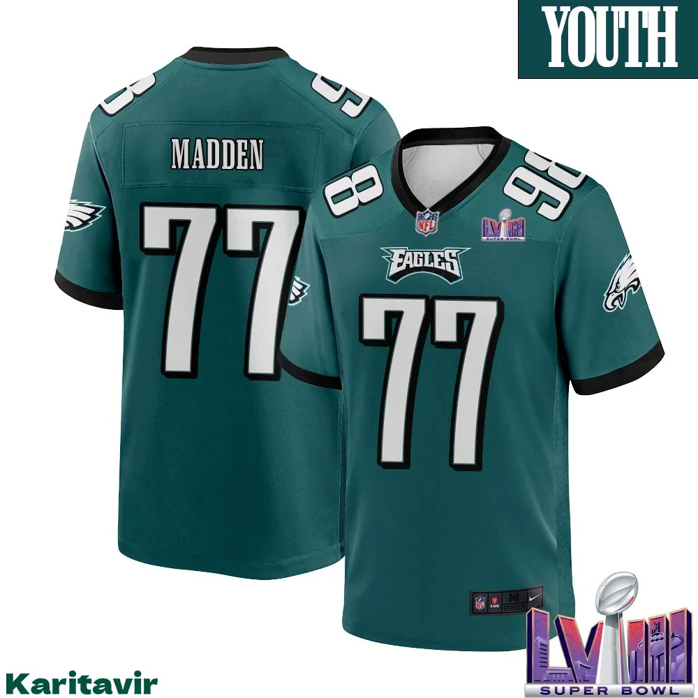 John Madden Eagles No 77 Youth Midnight Green Philadelphia Eagles Super Bowl LVIII Home Game Player Jersey 1