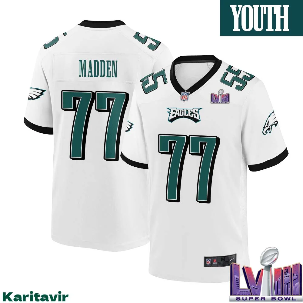 John Madden Eagles No 77 Youth White Philadelphia Eagles Super Bowl LVIII Away Game Player Jersey 1