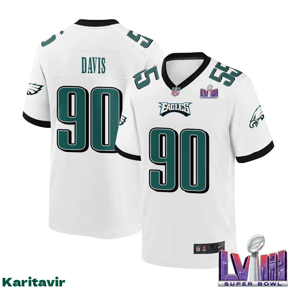 Jordan Davis No 90 Men White Philadelphia Eagles Super Bowl LVIII Away Game Player Jersey 1