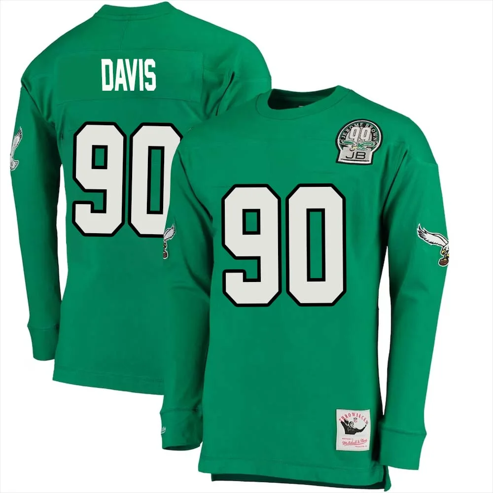 Jordan Davis No 90 Mitchell Ness Kelly Long Sleeve Top Green Philadelphia Eagles Throwback Retired Player 1