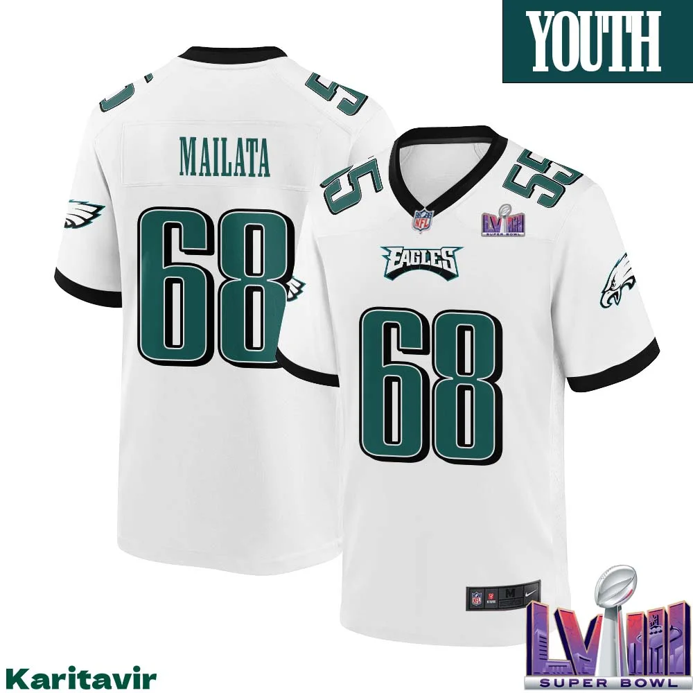 Jordan Mailata No 68 Youth White Philadelphia Eagles Super Bowl LVIII Away Game Player Jersey