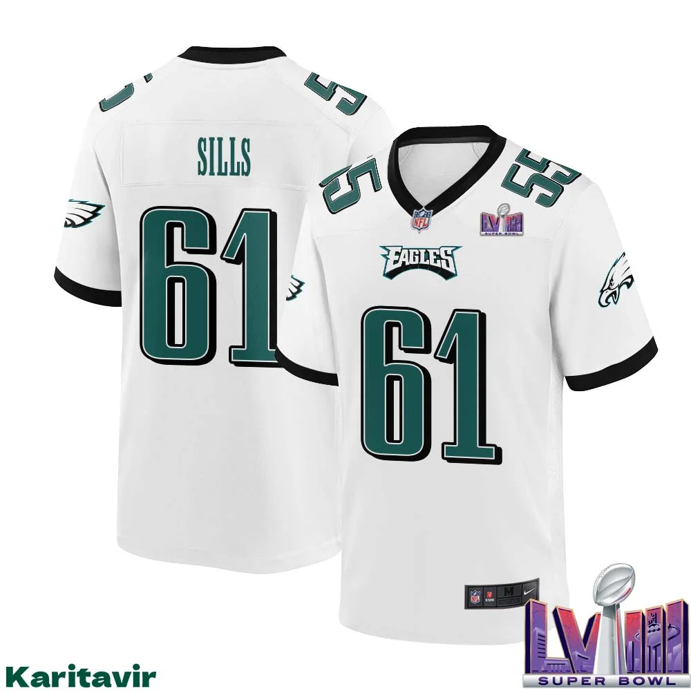 Josh Sills No 61 Men White Philadelphia Eagles Super Bowl LVIII Away Game Player Jersey