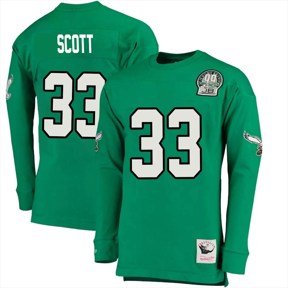 Josiah Scott No 33 Mitchell Ness Kelly Long Sleeve Top Green Philadelphia Eagles Throwback Retired Player
