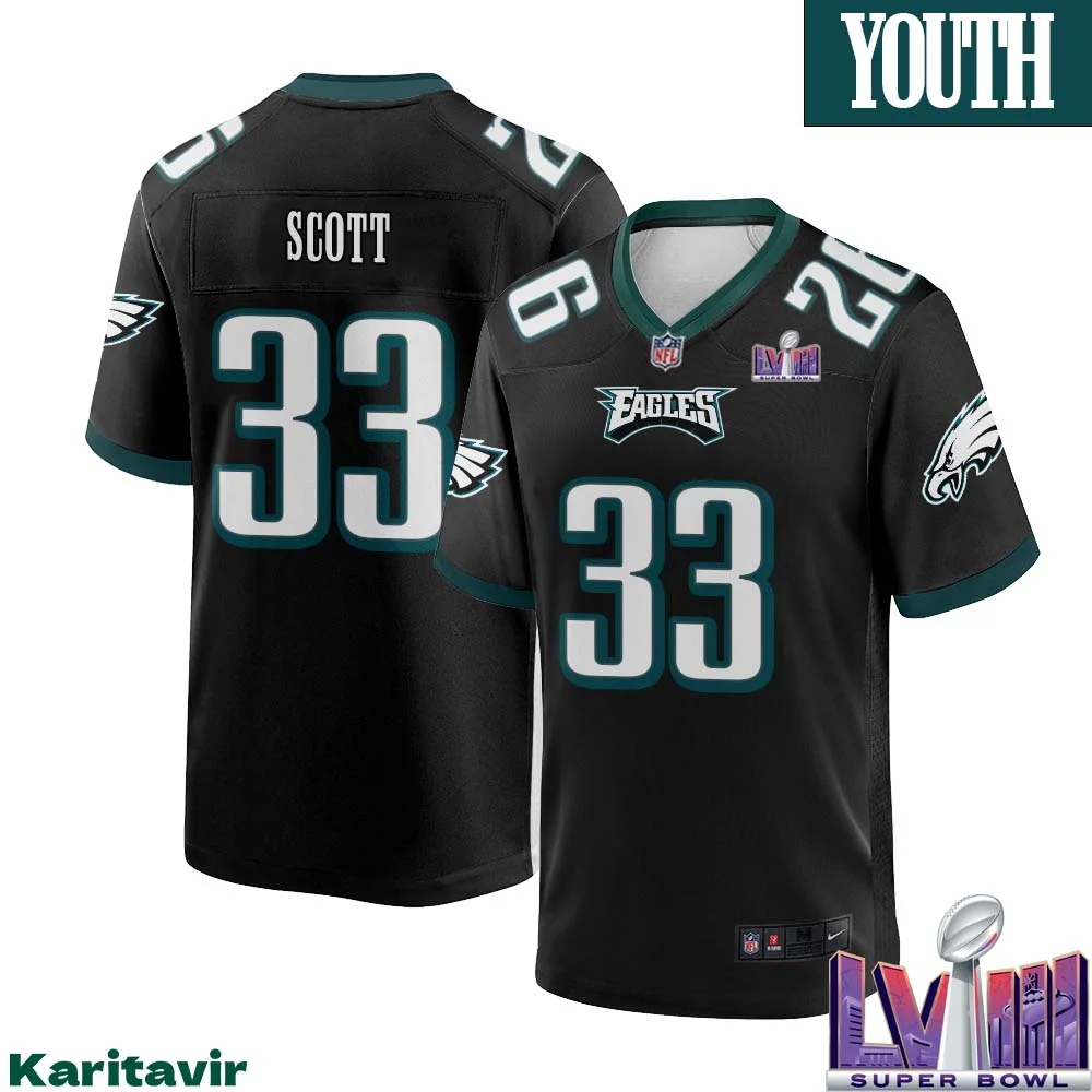 Josiah Scott No 33 Youth Black Philadelphia Eagles Super Bowl LVIII Alternate Game Player Jersey