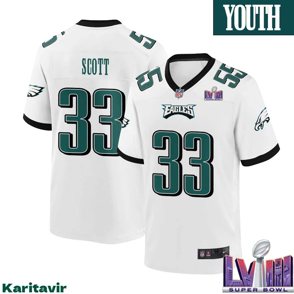 Josiah Scott No 33 Youth White Philadelphia Eagles Super Bowl LVIII Away Game Player Jersey 1