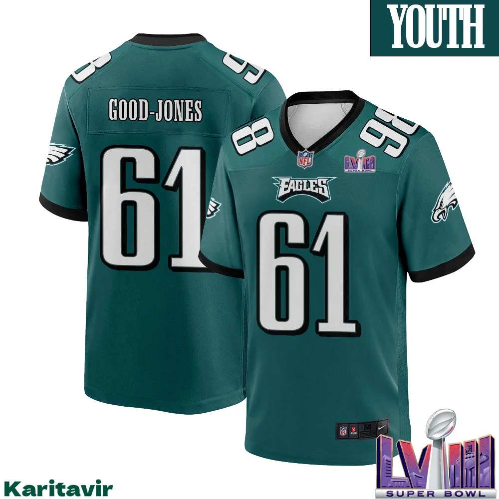 Julian Good Jones No 61 Youth Midnight Green Philadelphia Eagles Super Bowl LVIII Home Game Player Jersey 1