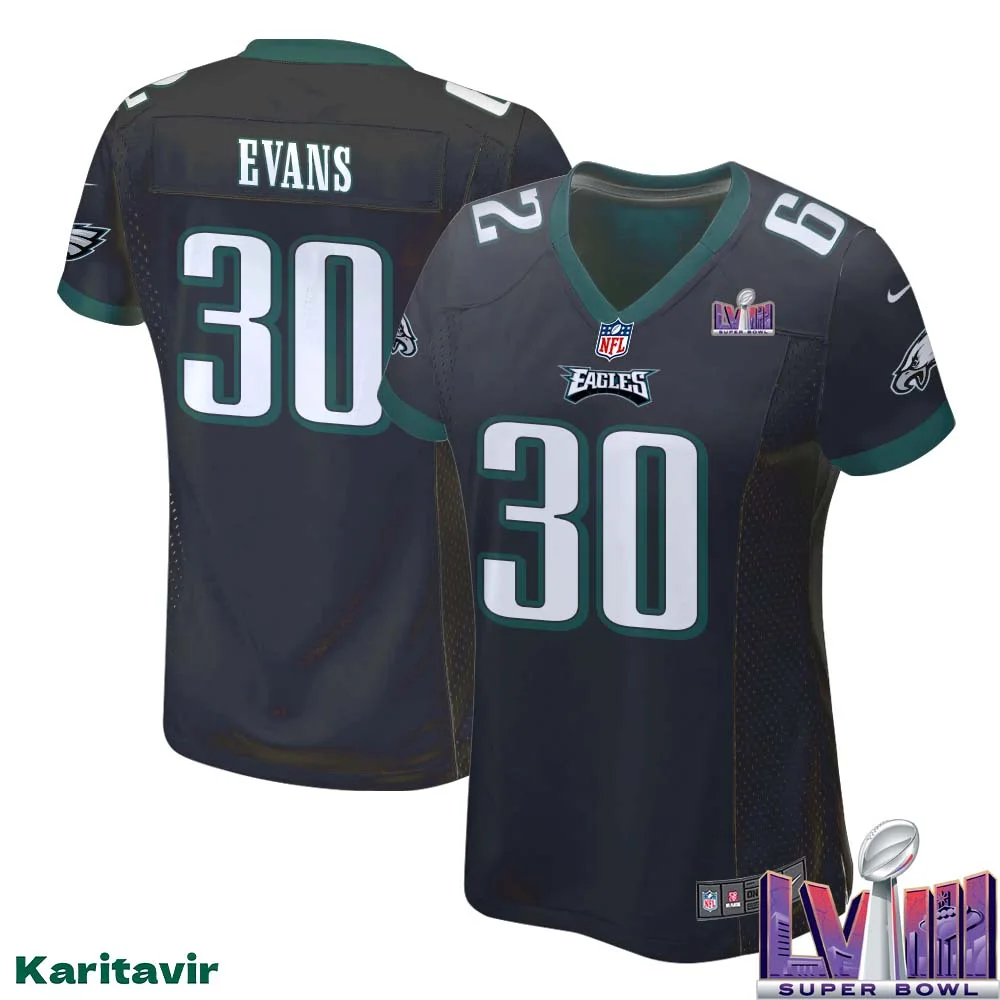 Justin Evans No 30 Women Black Philadelphia Eagles Super Bowl LVIII Alternate Game Player Jersey