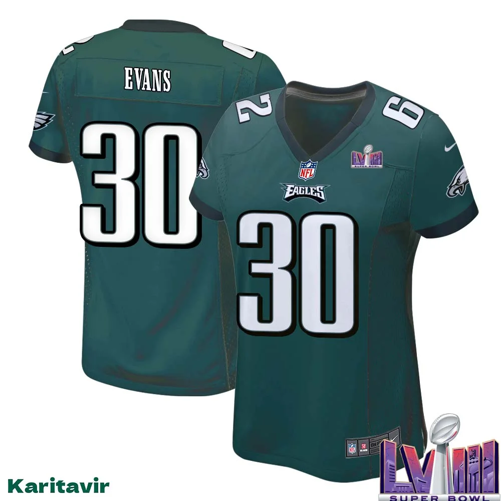 Justin Evans No 30 Women Midnight Green Philadelphia Eagles Super Bowl LVIII Home Game Player Jersey