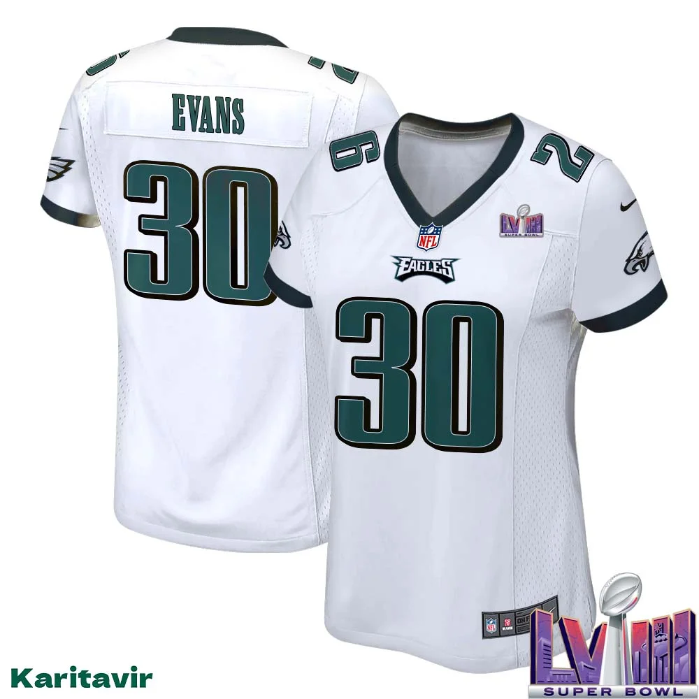 Justin Evans No 30 Women White Eagles Super Bowl LVIII Away Game Player Jersey